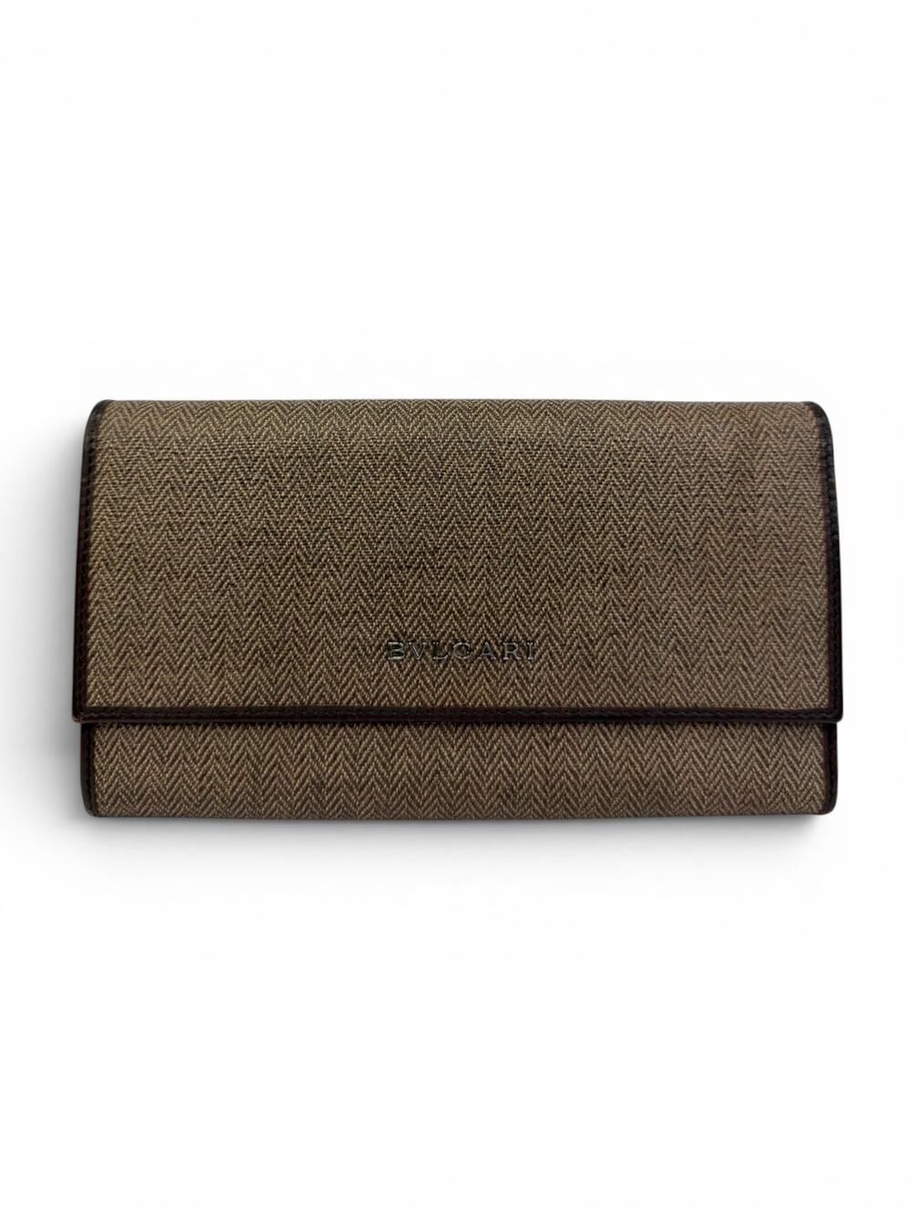 BVLGARI Brown Herringbone Canvas & Leather Continental Long Wallet